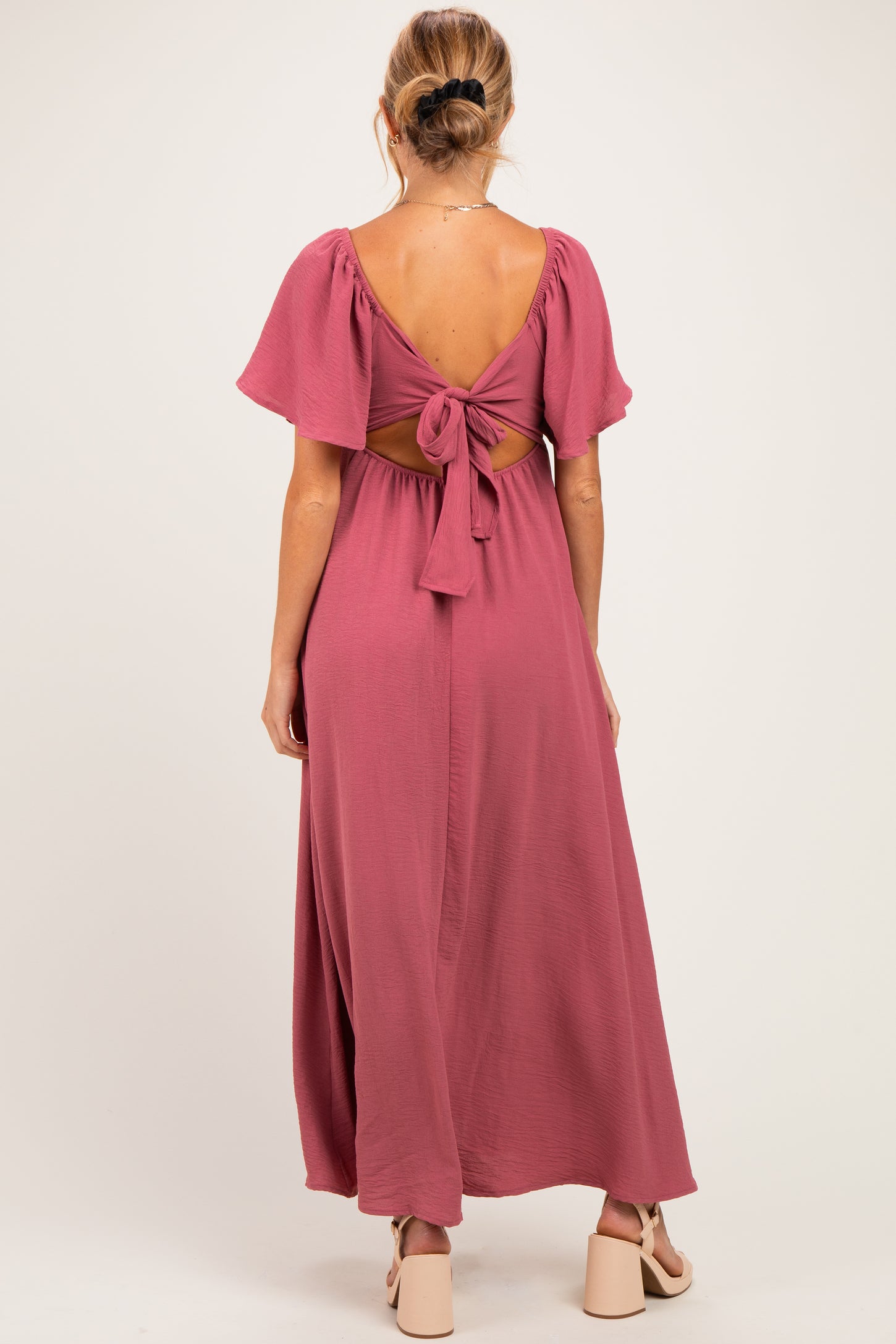 Mauve Knotted V-Neck Flutter Sleeve Maternity Maxi Dress