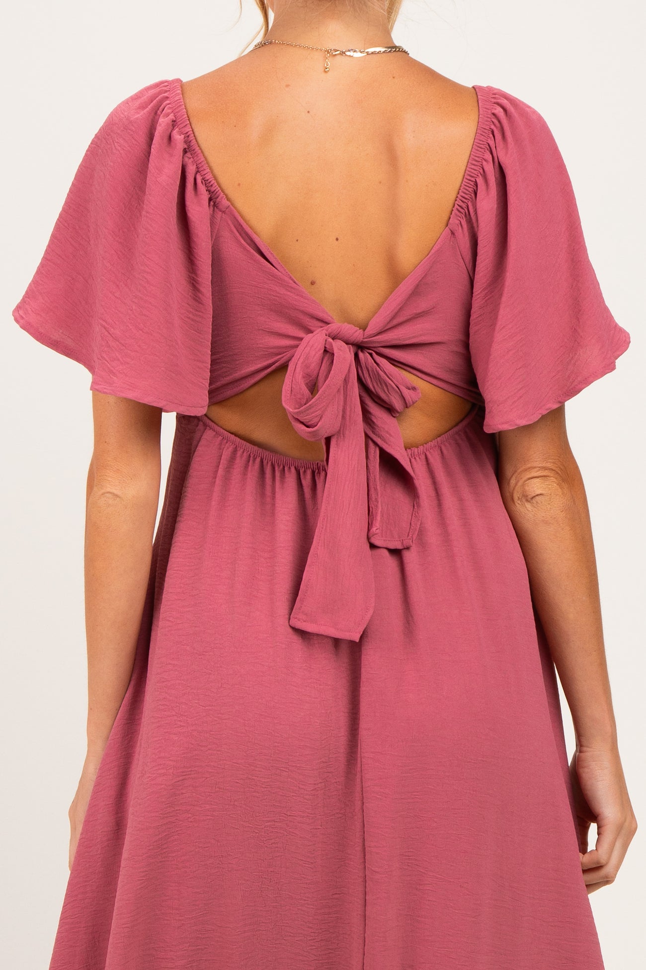 Mauve Knotted V-Neck Flutter Sleeve Maternity Maxi Dress