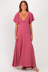 Mauve Knotted V-Neck Flutter Sleeve Maternity Maxi Dress