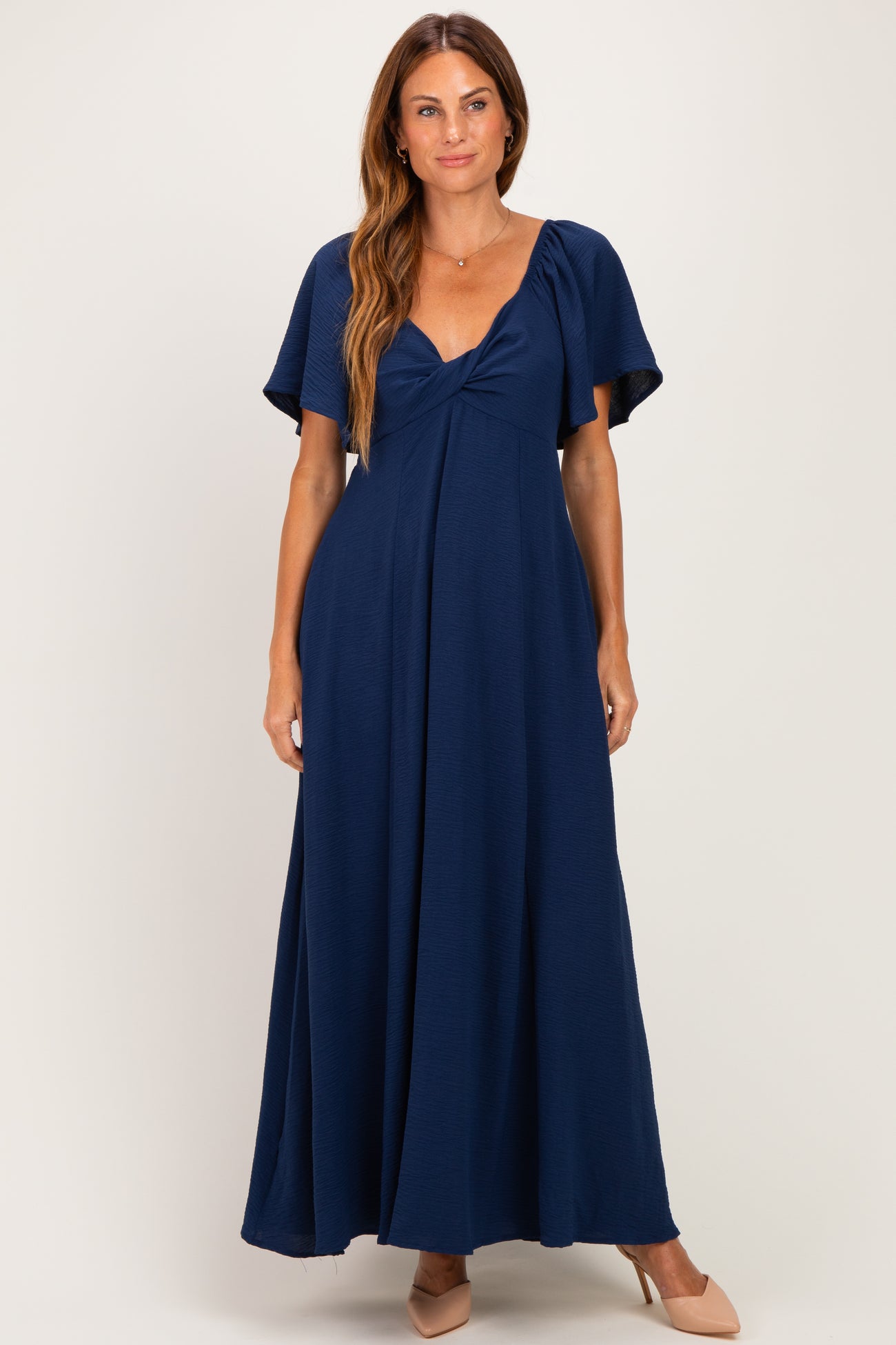 Navy Knotted V-Neck Flutter Sleeve Maxi Dress