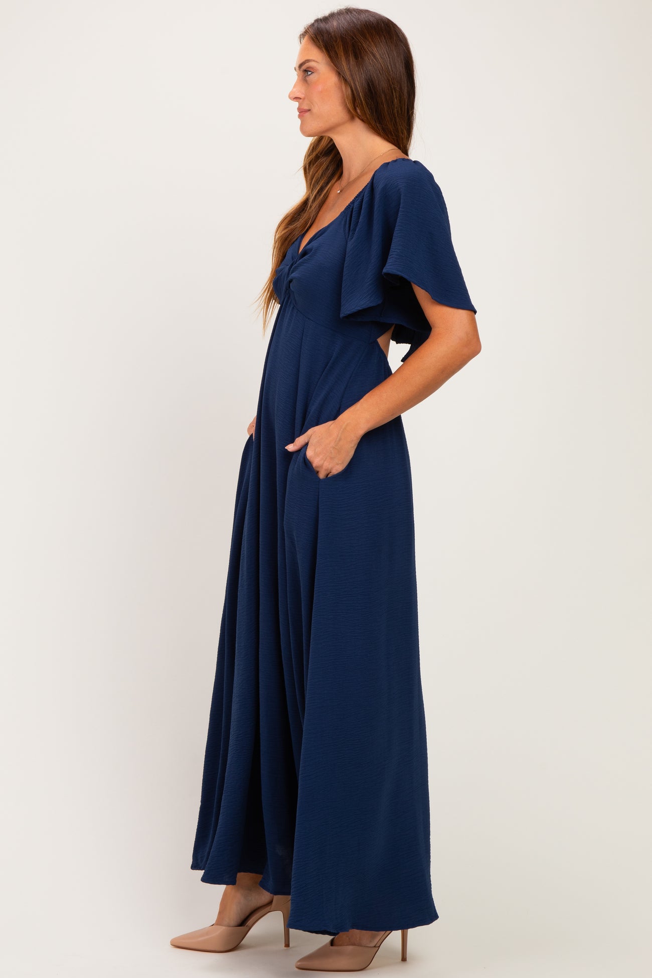 Navy Knotted V-Neck Flutter Sleeve Maxi Dress