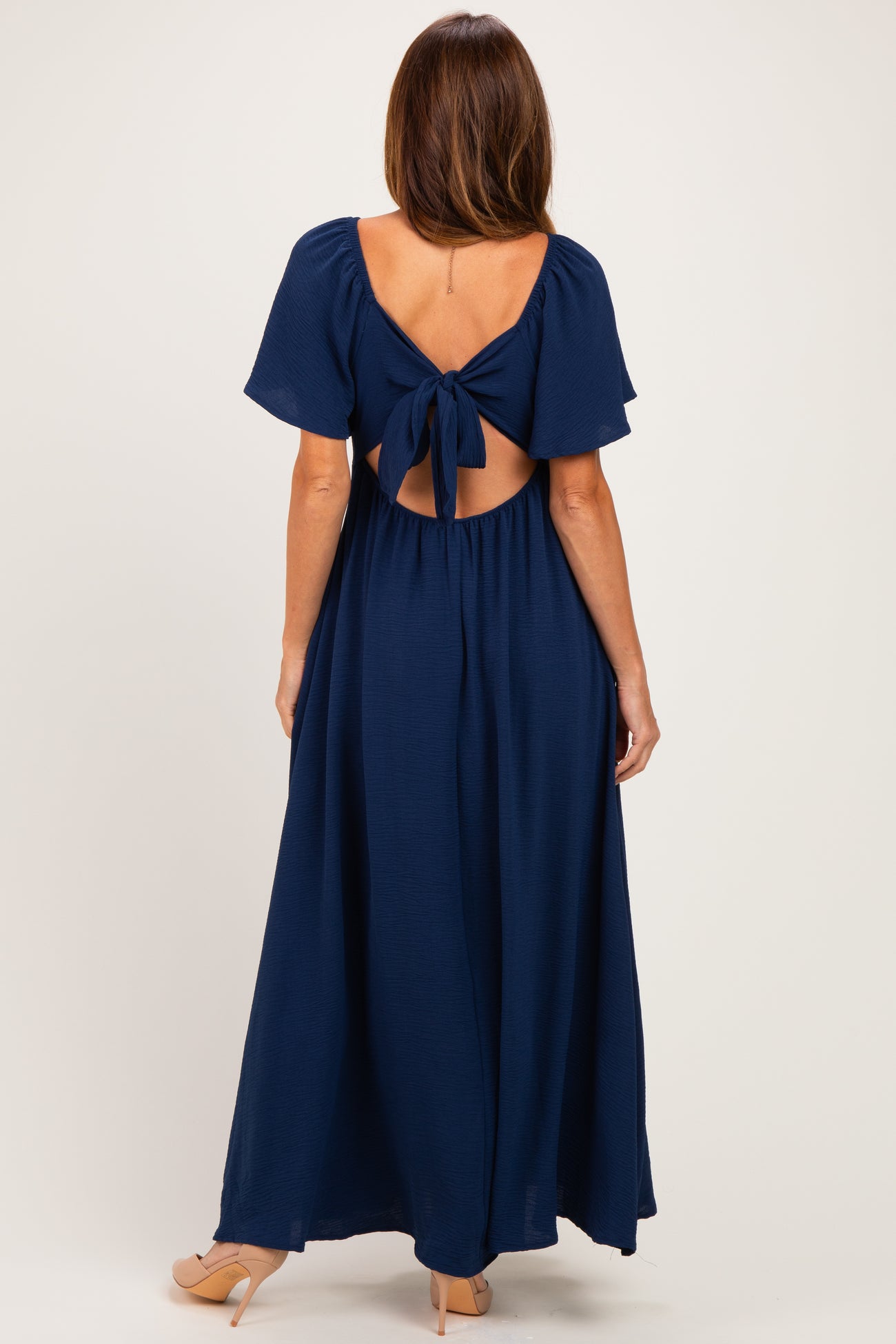 Navy Knotted V-Neck Flutter Sleeve Maxi Dress