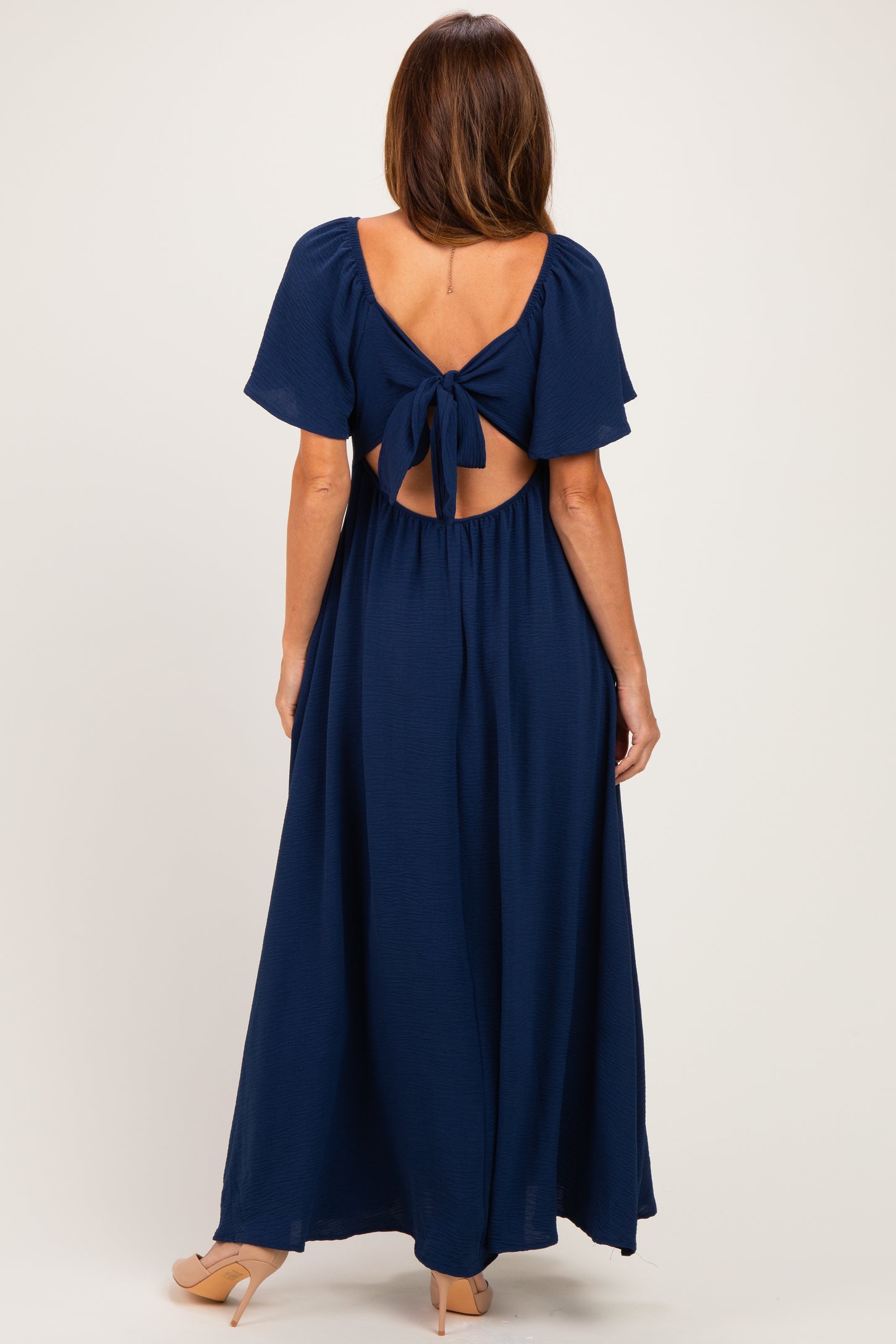 Navy Knotted V-Neck Flutter Sleeve Maxi Dress