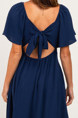 Navy Knotted V-Neck Flutter Sleeve Maxi Dress
