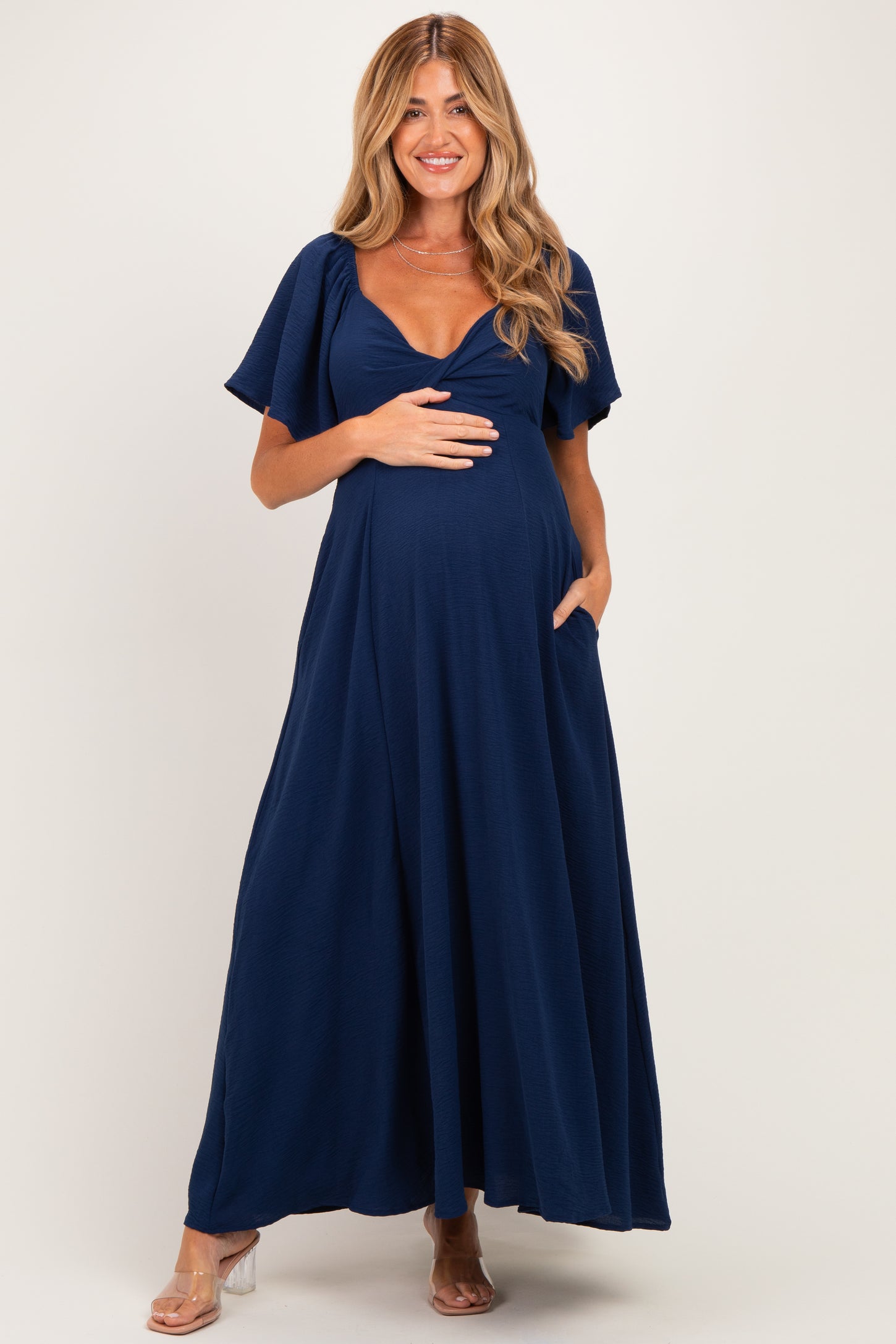 Navy Knotted V-Neck Flutter Sleeve Maternity Maxi Dress