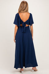 Navy Knotted V-Neck Flutter Sleeve Maternity Maxi Dress