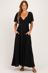 Black Knotted V-Neck Flutter Sleeve Maxi Dress