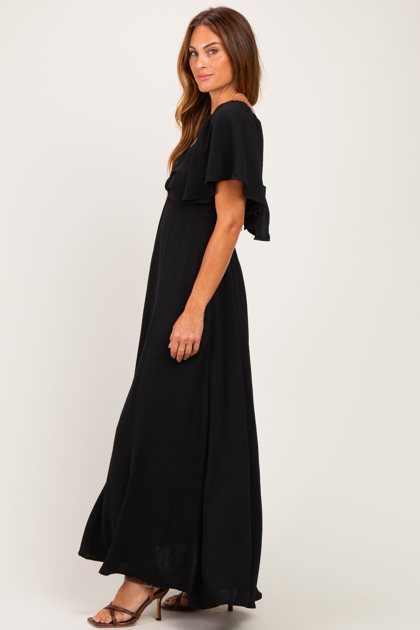 Black Knotted V-Neck Flutter Sleeve Maxi Dress