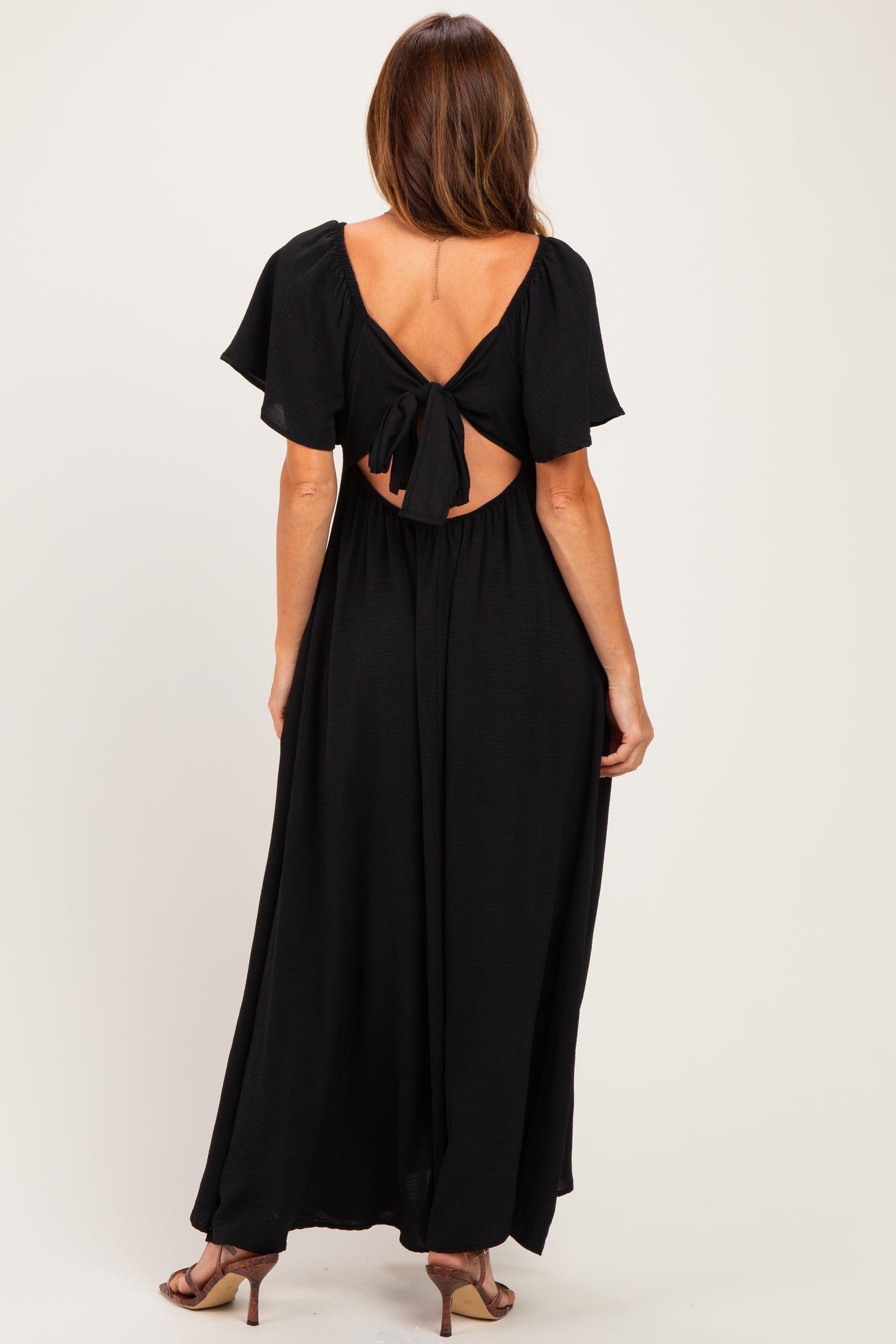 Black Knotted V-Neck Flutter Sleeve Maxi Dress