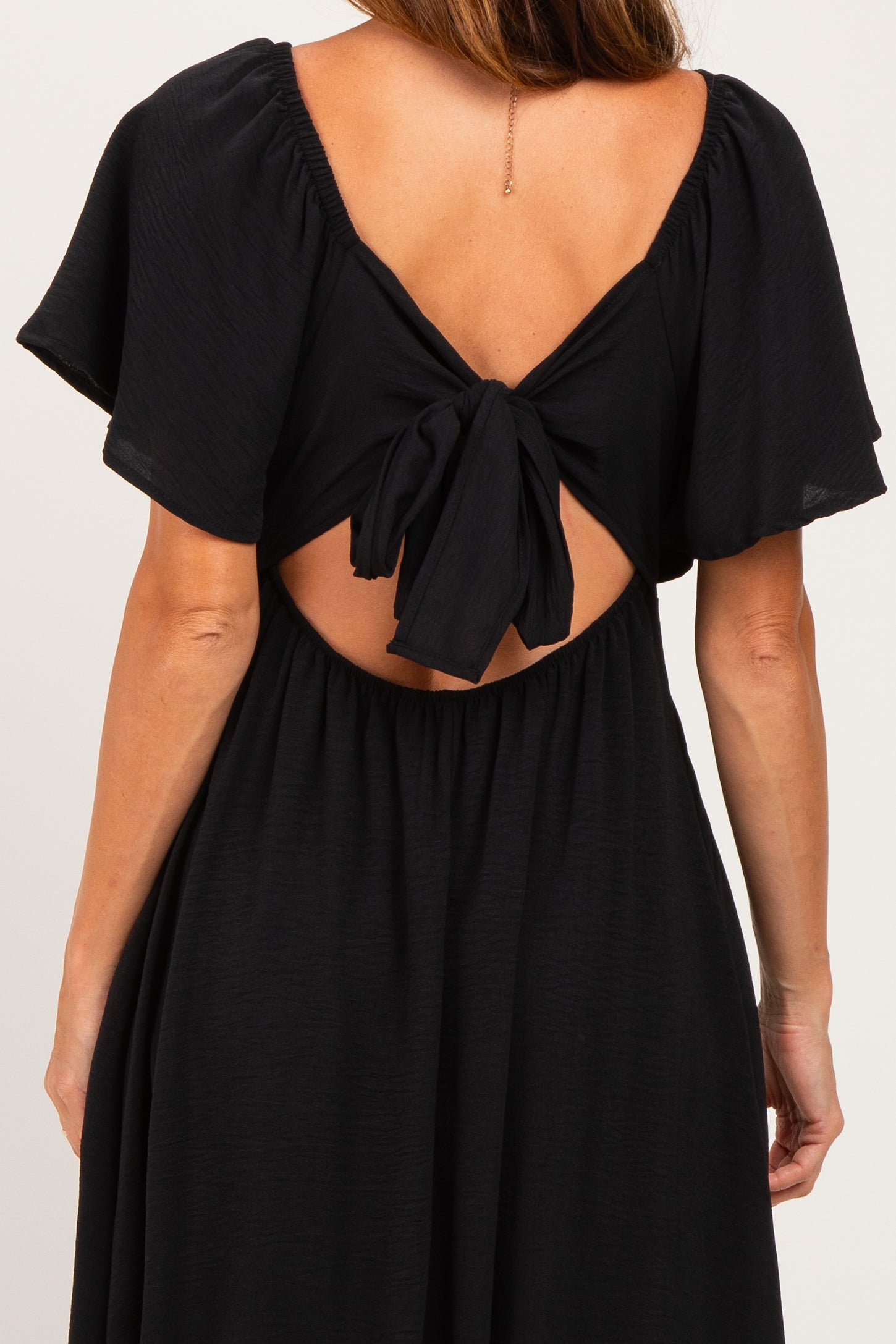 Black Knotted V-Neck Flutter Sleeve Maxi Dress