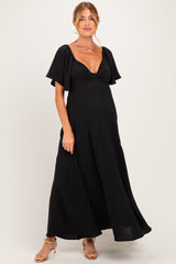 Black Knotted V-Neck Flutter Sleeve Maternity Maxi Dress