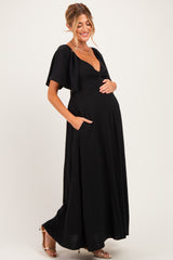 Black Knotted V-Neck Flutter Sleeve Maternity Maxi Dress