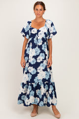 Navy/ Ivory Floral Ruched Bust Flutter Sleeve Maxi Dress