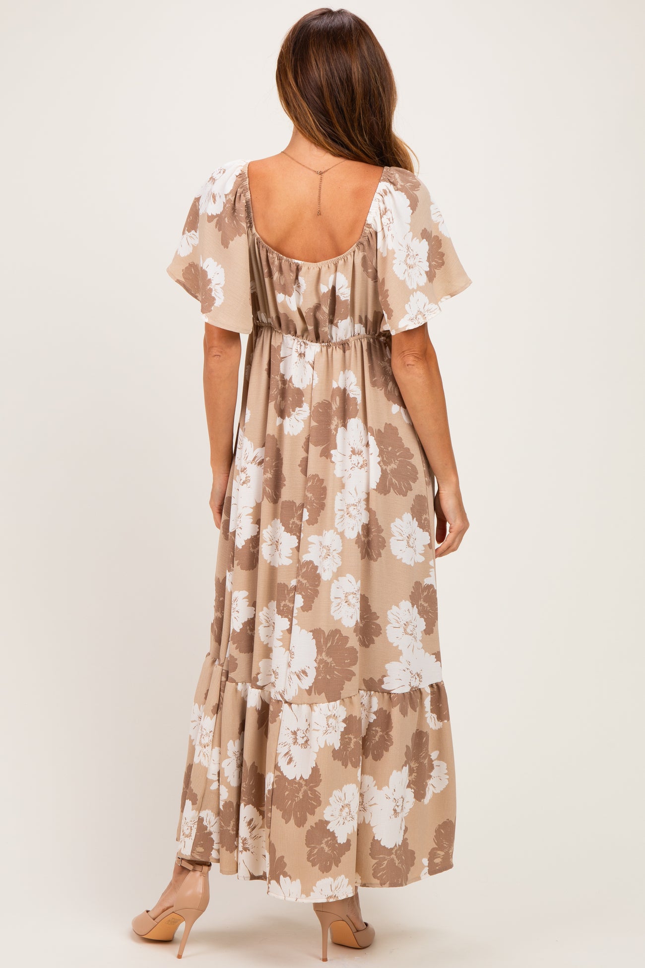 Taupe/ Ivory Floral Ruched Bust Flutter Sleeve Maxi Dress