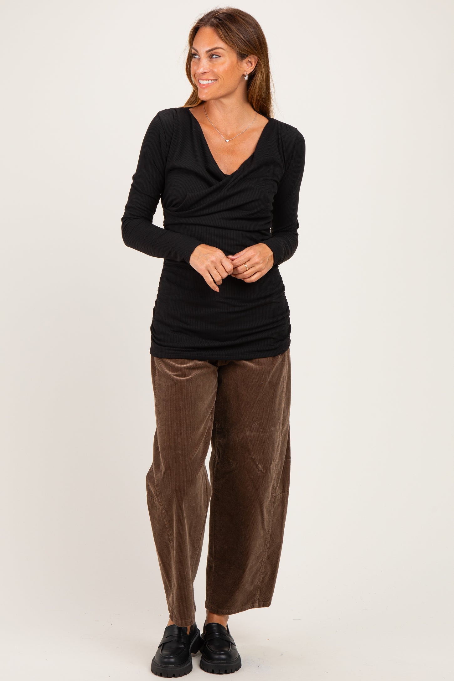 Black Ribbed Knit Long Sleeve Wrap Nursing Top