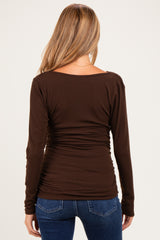 Brown Ribbed Knit Long Sleeve Wrap Maternity Nursing Top