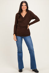 Brown Ribbed Knit Long Sleeve Wrap Nursing Top