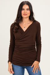 Brown Ribbed Knit Long Sleeve Wrap Nursing Top
