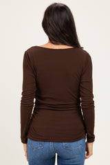 Brown Ribbed Knit Long Sleeve Wrap Nursing Top