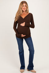 Brown Ribbed Knit Long Sleeve Wrap Maternity Nursing Top