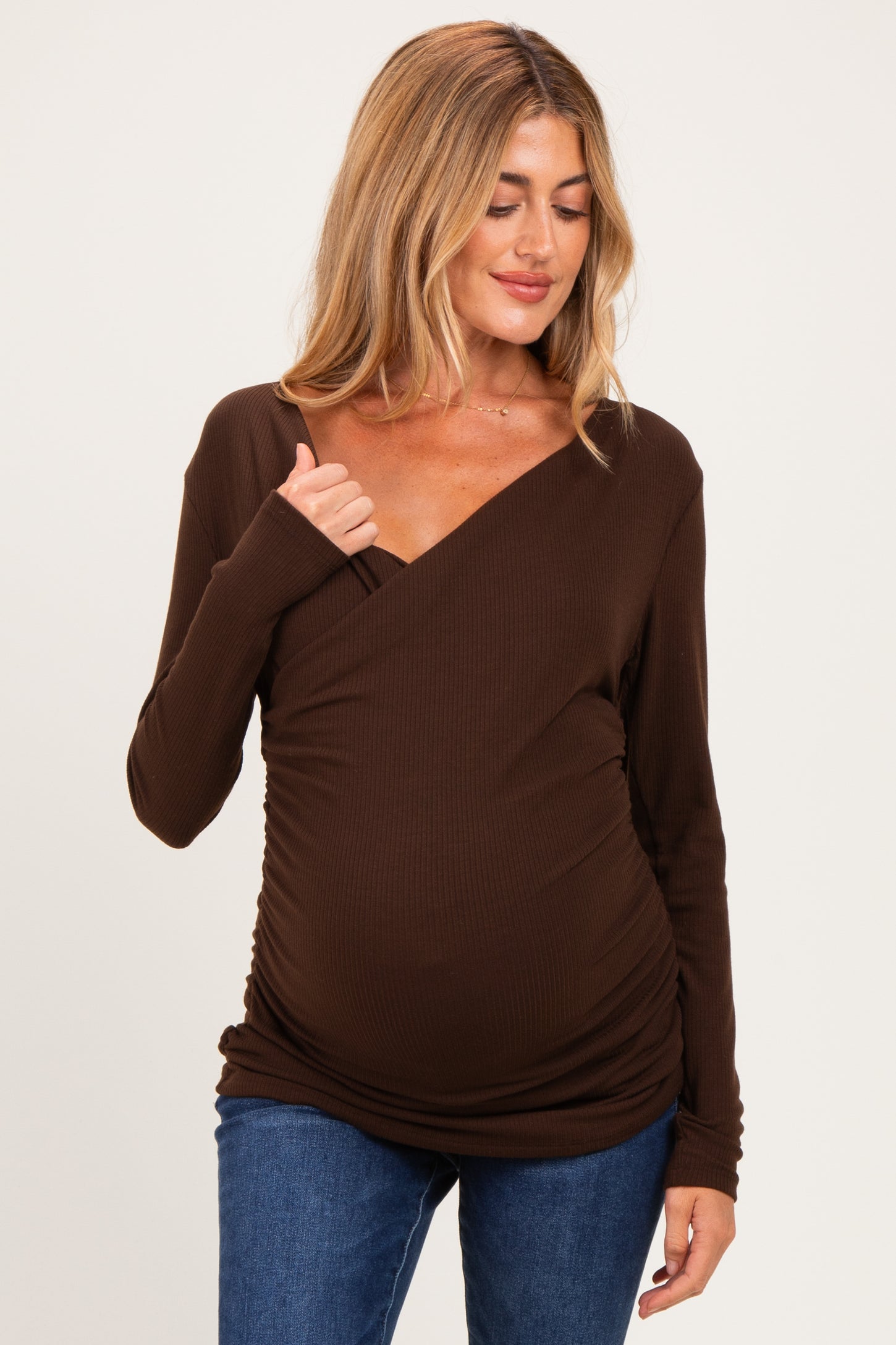 Brown Ribbed Knit Long Sleeve Wrap Maternity Nursing Top