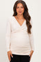 Cream Ribbed Knit Long Sleeve Wrap Maternity Nursing Top
