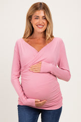 Mauve Ribbed Knit Long Sleeve Wrap Maternity Nursing Top