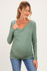 Sage Ribbed Knit Long Sleeve Wrap Maternity Nursing Top
