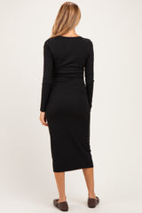 Black Fitted Long Sleeve Square Neck Maternity Midi Dress
