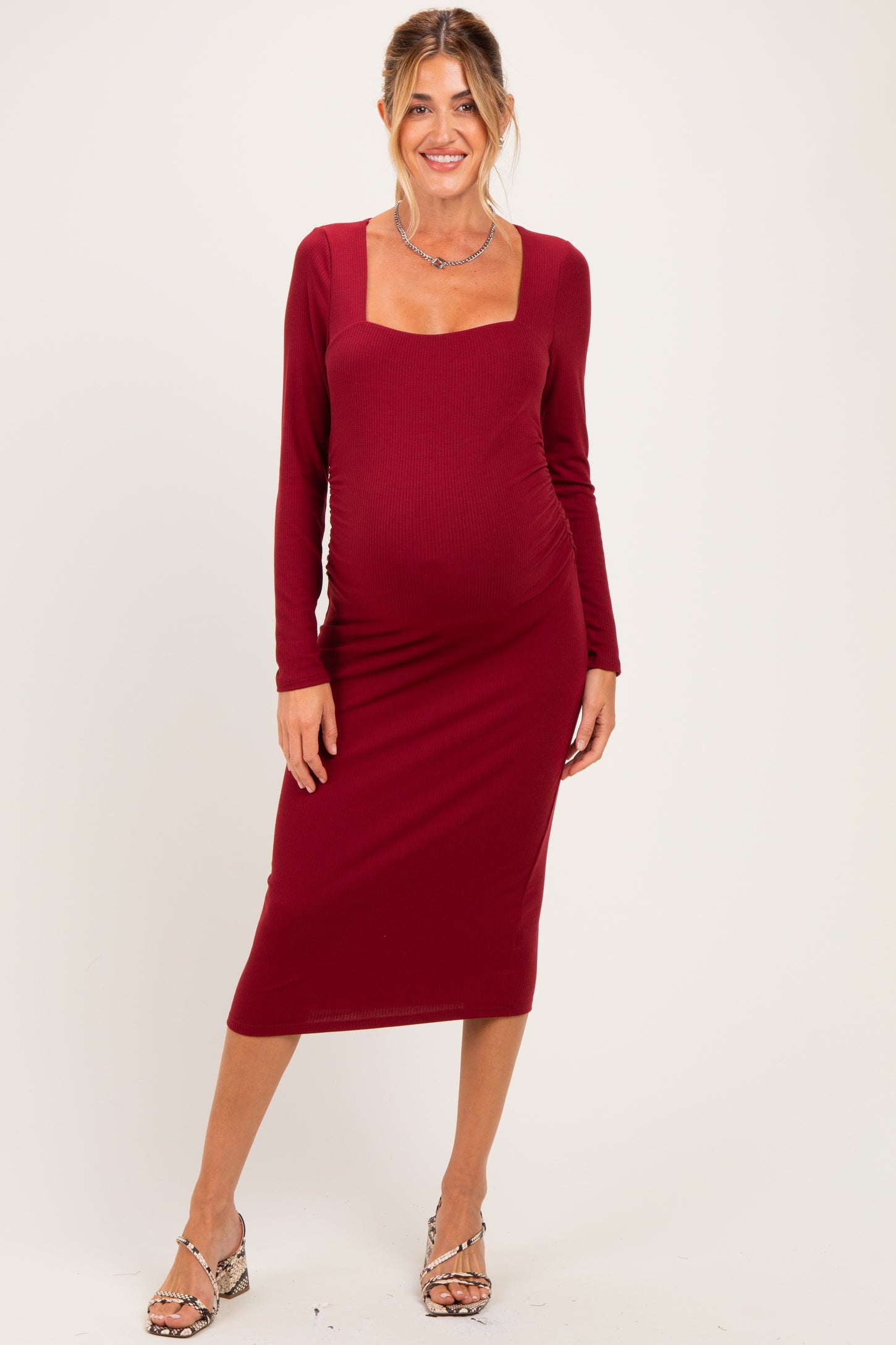 Burgundy Fitted Long Sleeve Square Neck Maternity Midi Dress