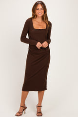 Brown Fitted Long Sleeve Square Neck Midi Dress