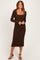 Brown Fitted Long Sleeve Square Neck Midi Dress