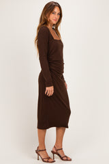 Brown Fitted Long Sleeve Square Neck Midi Dress