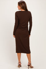 Brown Fitted Long Sleeve Square Neck Midi Dress