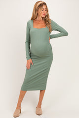 Sage Fitted Long Sleeve Square Neck Maternity Midi Dress