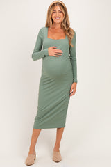 Sage Fitted Long Sleeve Square Neck Maternity Midi Dress