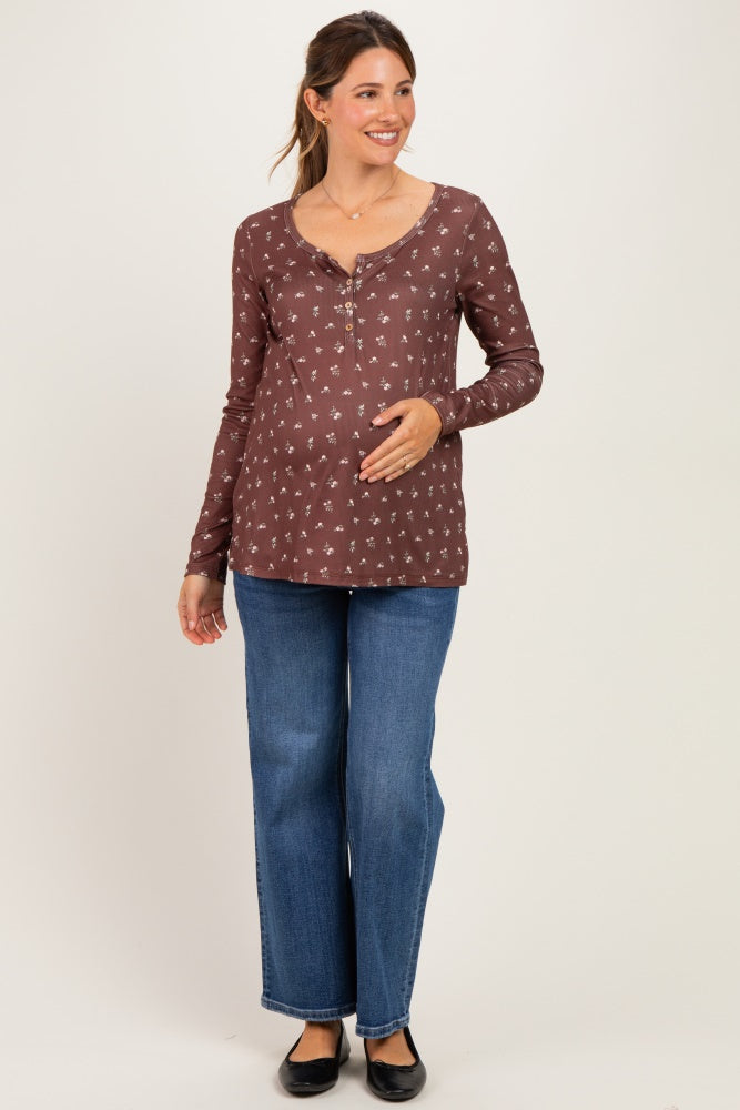 Brown Long Sleeve Maternity Henley Top