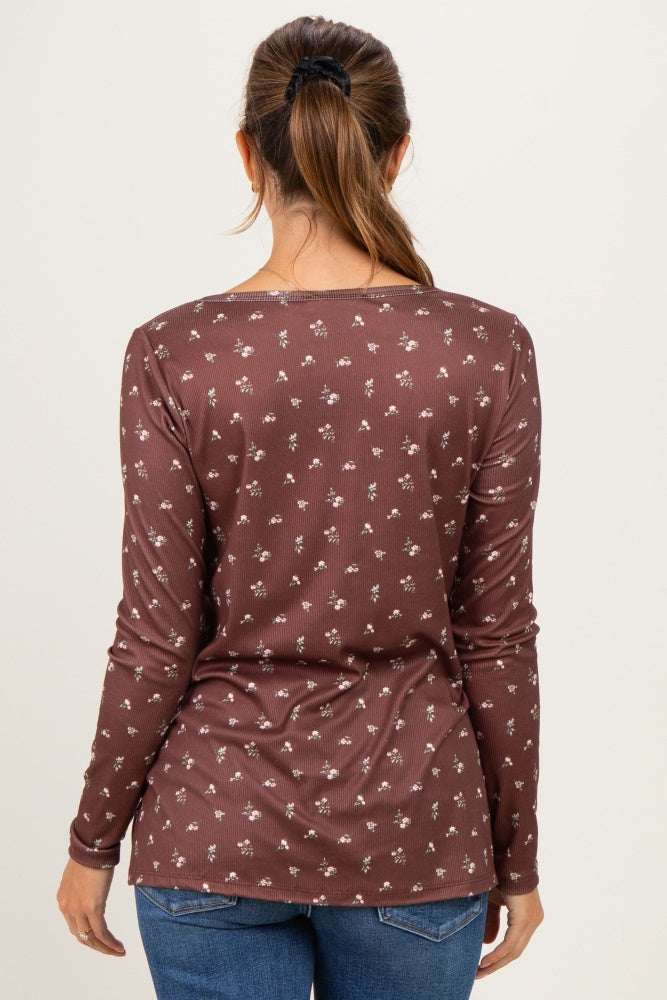 Brown Long Sleeve Maternity Henley Top