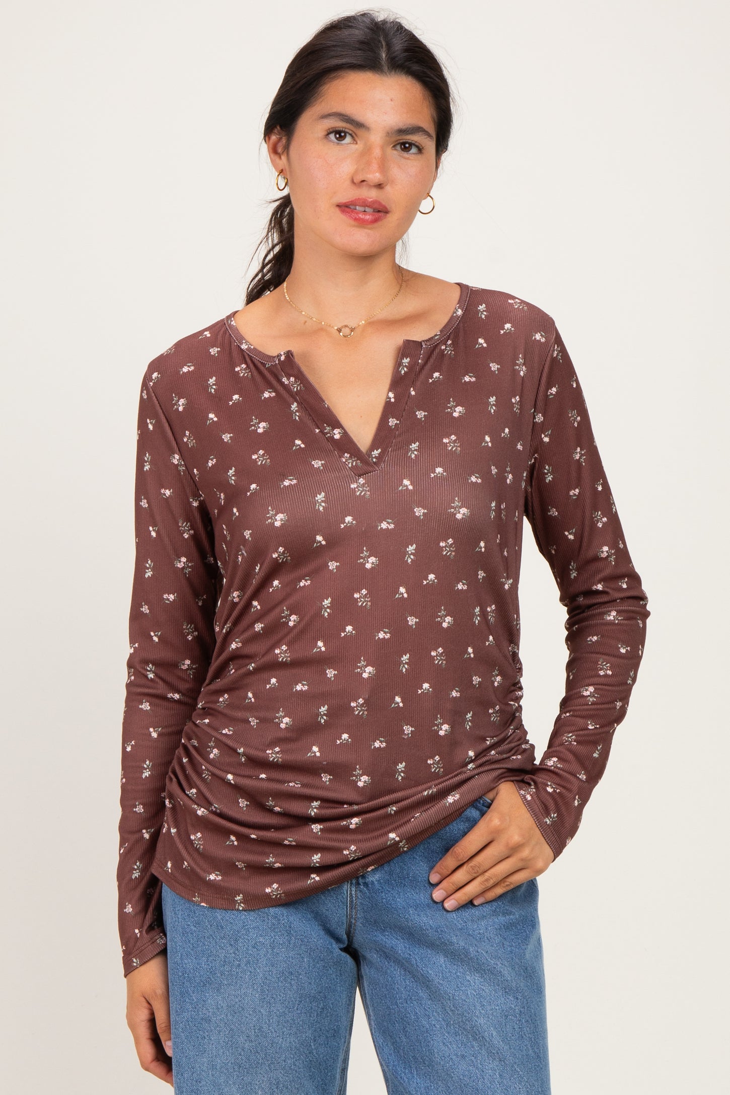Brown Floral Long Sleeve Top