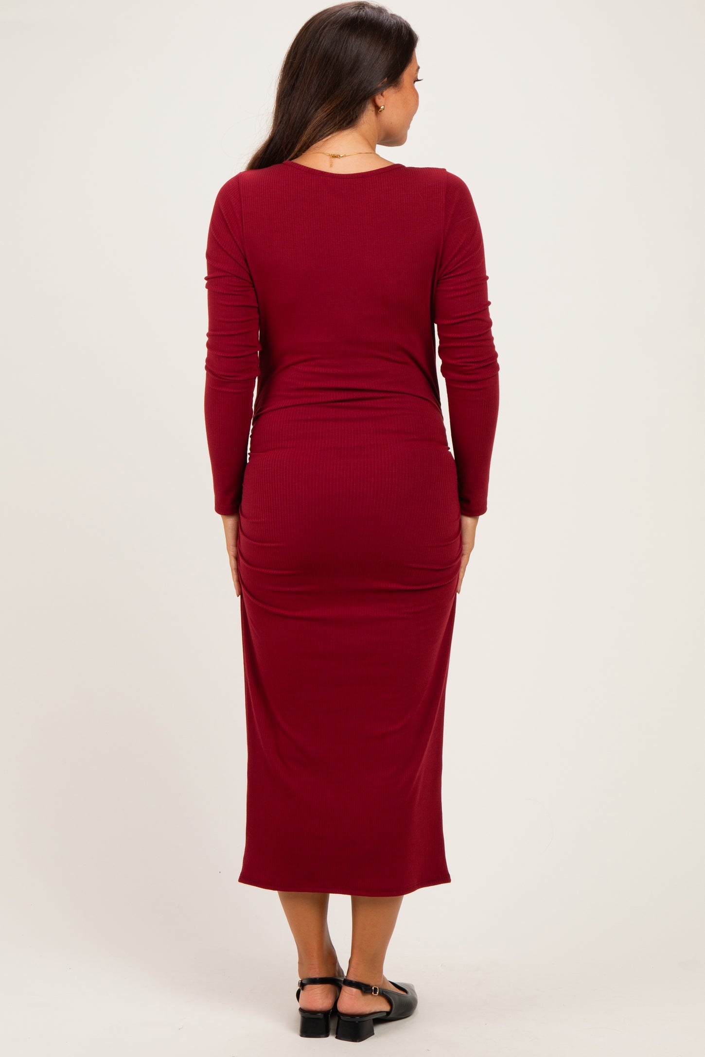 Burgundy Long Sleeve Wrap V-Neck Maternity Nursing Midi Dress