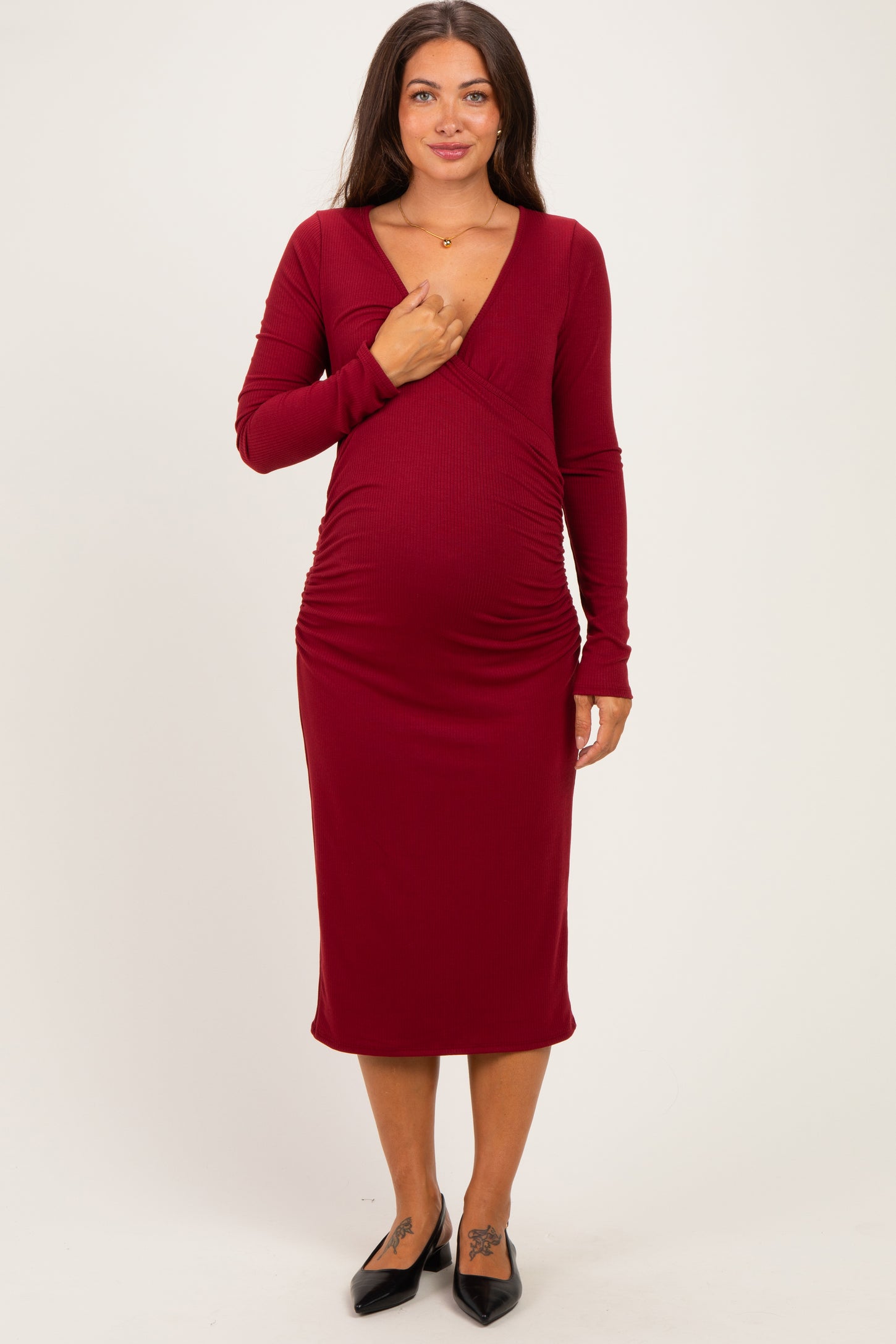 Burgundy Long Sleeve Wrap V-Neck Maternity Nursing Midi Dress