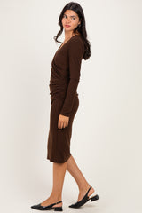 Brown Long Sleeve Wrap V-Neck Nursing Midi Dress