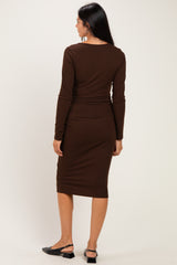 Brown Long Sleeve Wrap V-Neck Nursing Midi Dress