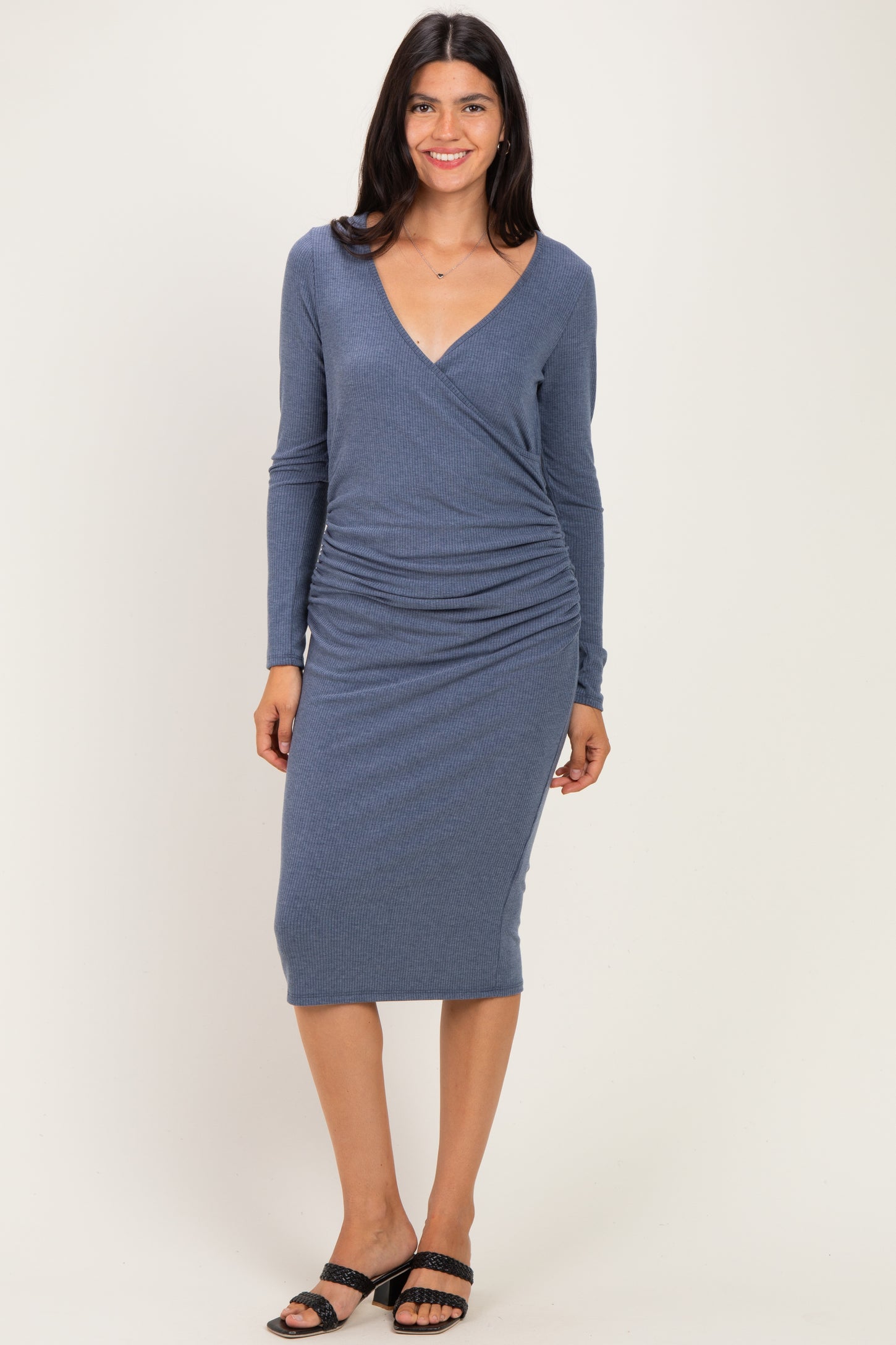Blue Long Sleeve Wrap V-Neck Nursing Midi Dress