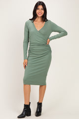 Sage Long Sleeve Wrap V-Neck Nursing Midi Dress
