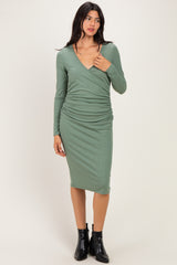 Sage Long Sleeve Wrap V-Neck Nursing Midi Dress