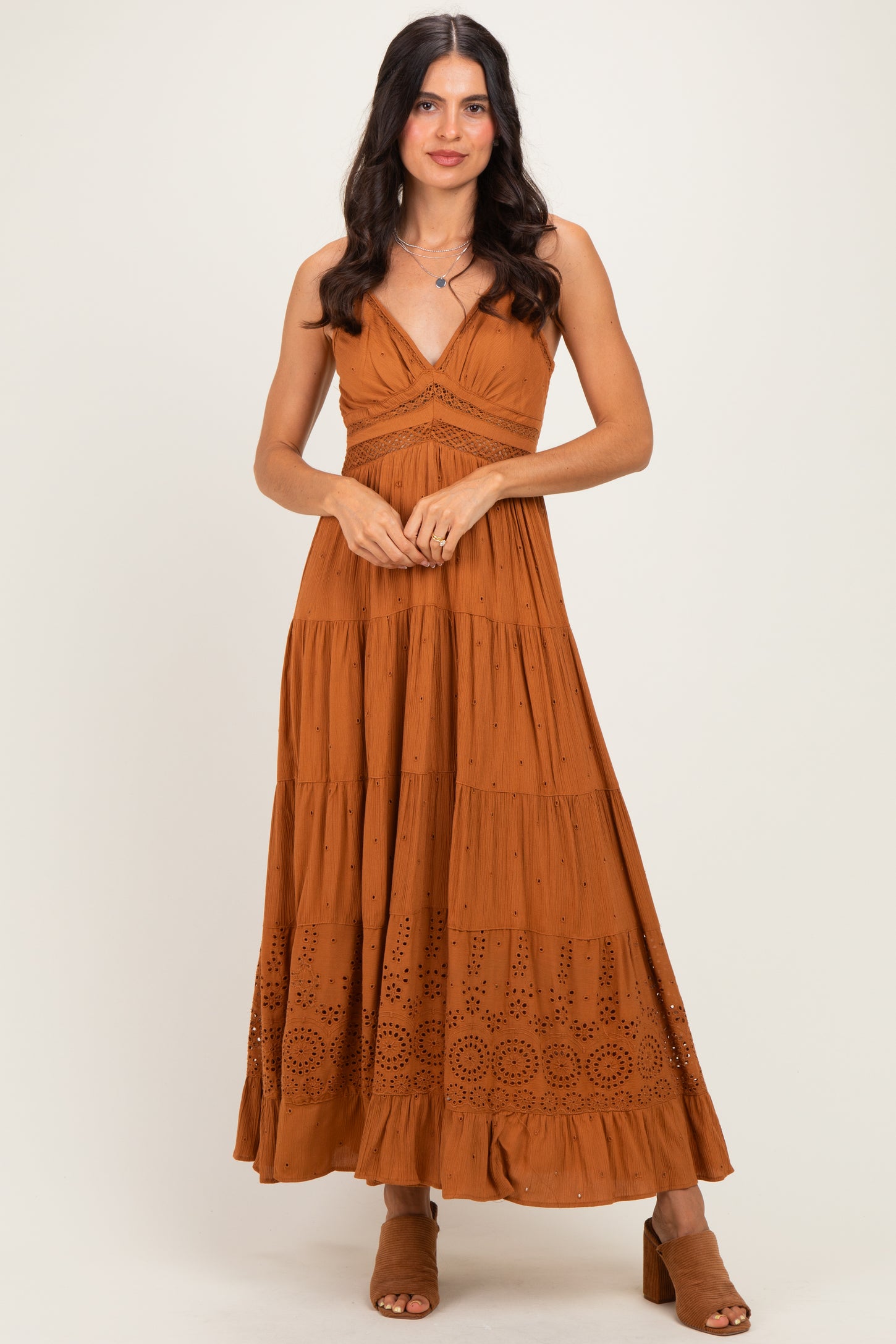Desert Lace Accent V-Neck Tiered Maxi Dress