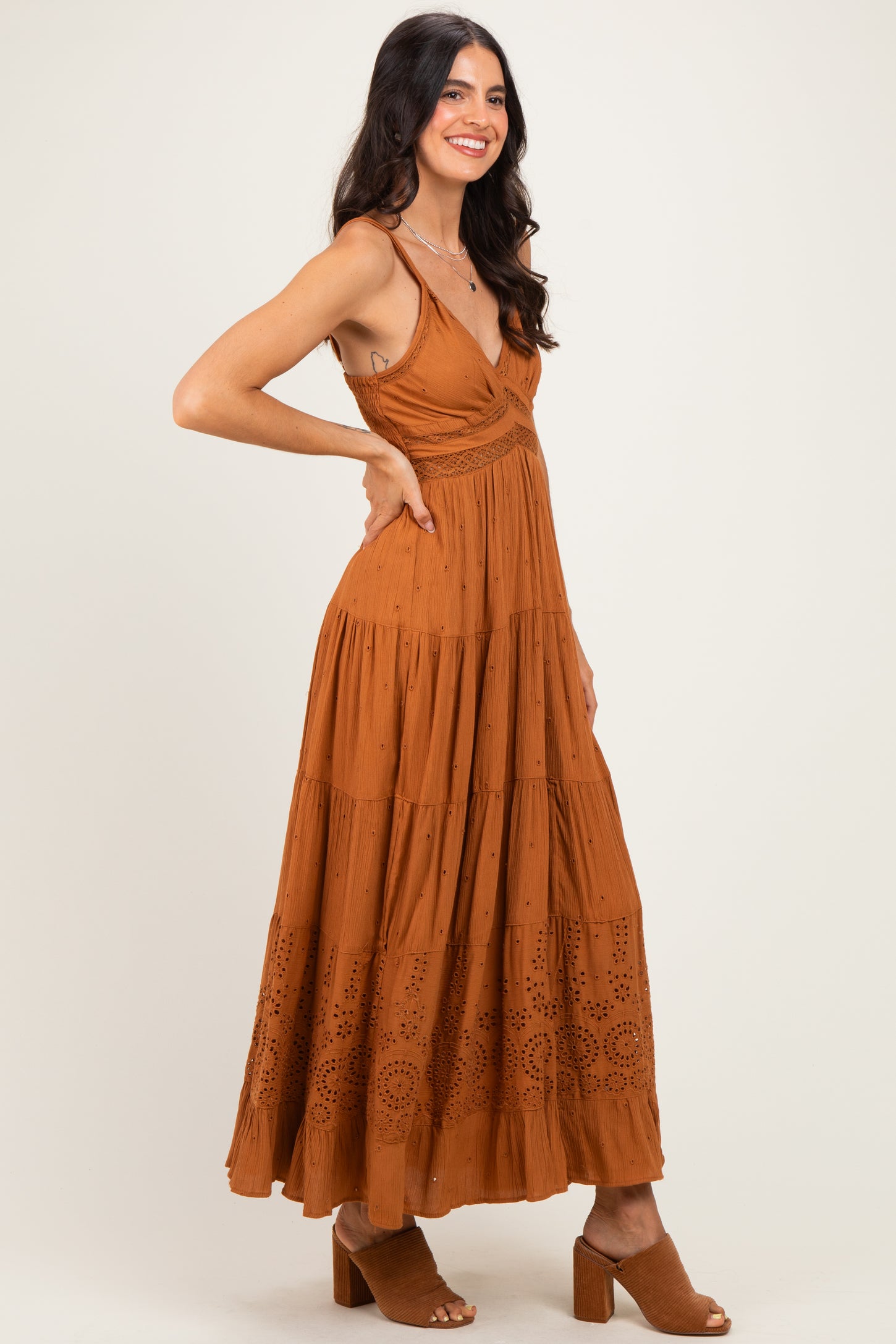 Desert Lace Accent V-Neck Tiered Maxi Dress