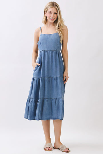 Medium Wash Denim Tiered Cami Midi Dress