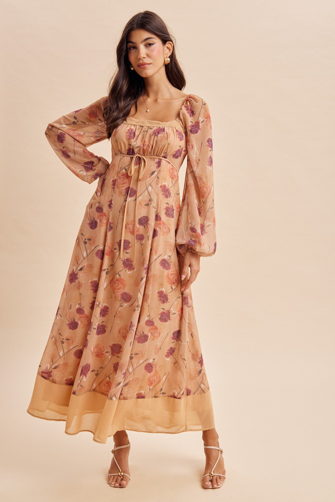 Sand Beige Floral Mesh Front Tie Maxi Dress